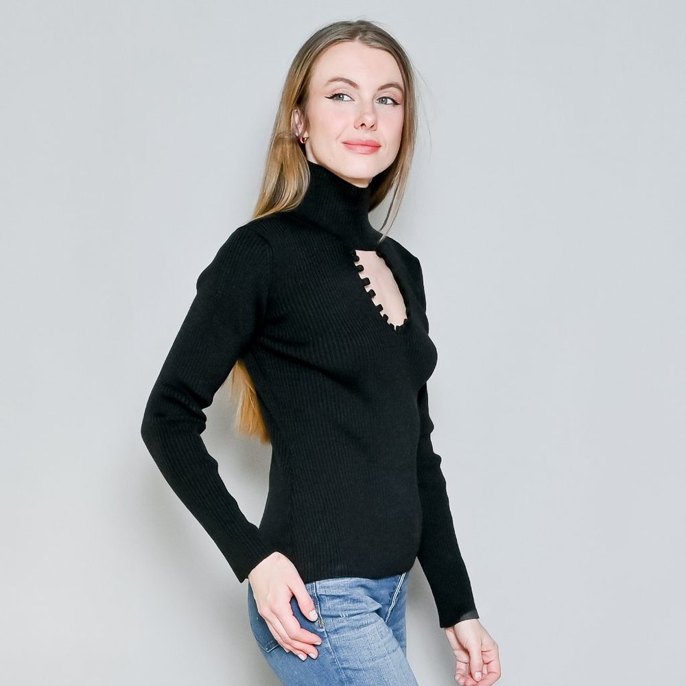 BEVZA Cut-Out Ribbed Wool-Blend Turtleneck Sweater - Picture 3 of 6